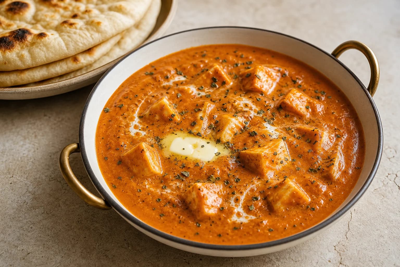Paneer butter masala with tender ivory paneer cubes in smooth flowing tomato, cashew, butter, cream, and fenugreek gravy beside naan.