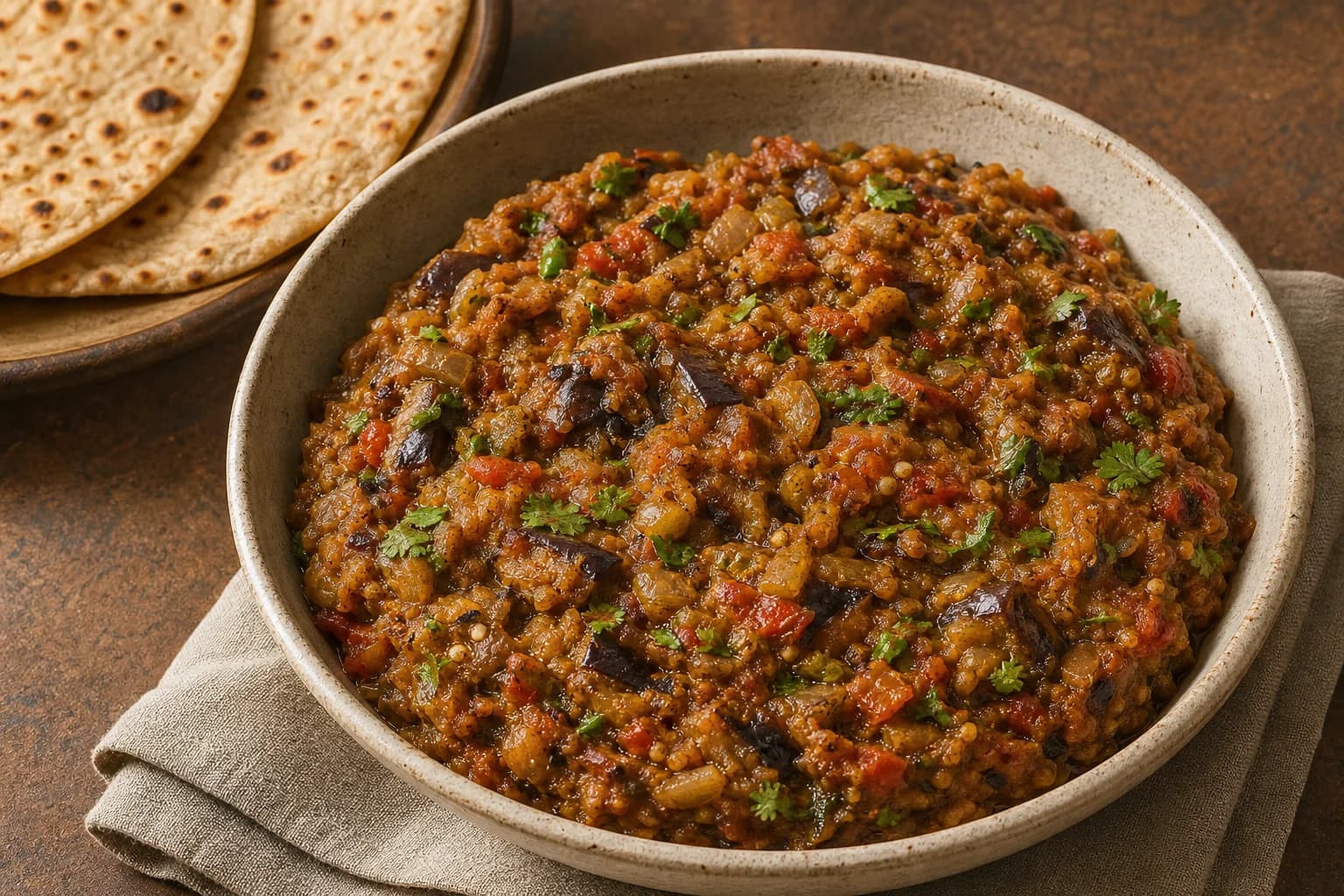 Punjabi baingan bharta with smoky mashed eggplant, jammy tomato and onion, green chile, cilantro, and warm rotis.
