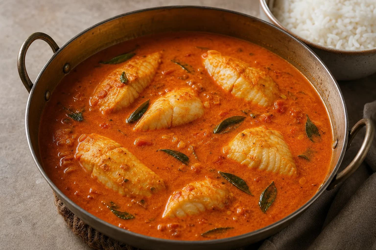 Goan fish curry with intact white fish pieces in a smooth red-orange coconut, Kashmiri chile, tamarind, tomato, and curry-leaf sauce beside rice.