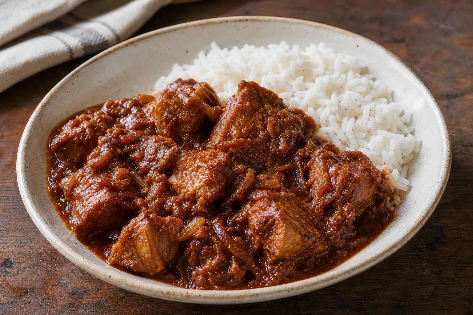 Goan pork vindaloo with fork-tender shoulder pieces in a glossy red vinegar, garlic, chile, and warm-spice masala beside rice.