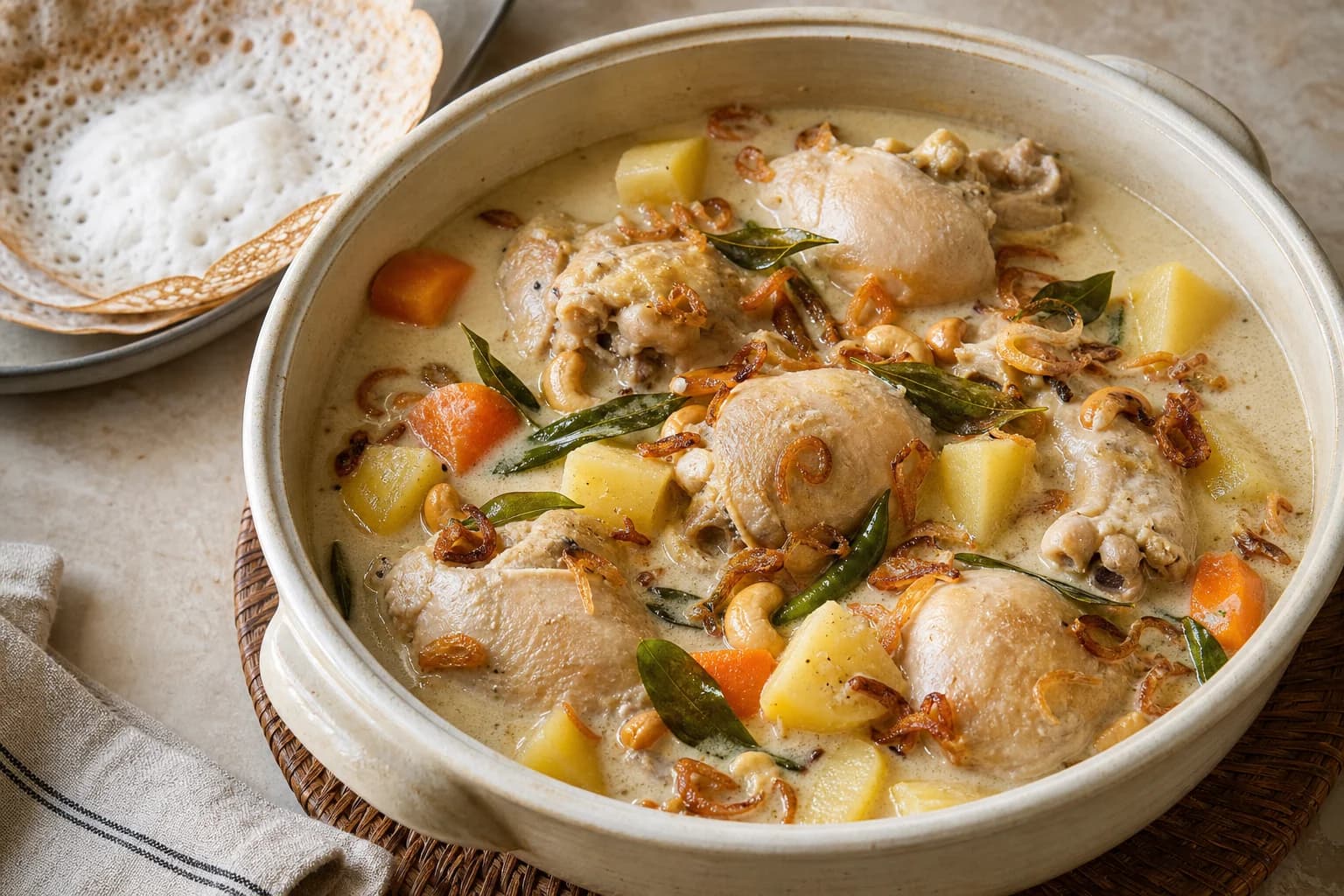 Kerala chicken ishtu with bone-in chicken, potato, carrot, peas, curry leaves, and cashews in pale coconut-milk broth beside appam.