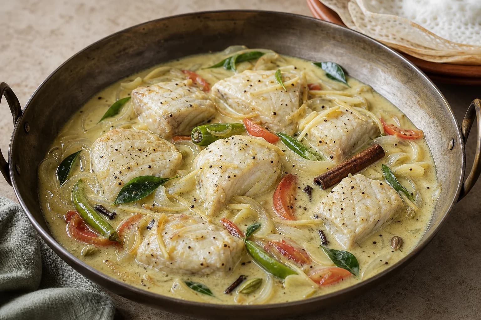Kerala meen moilee with intact white fish pieces, green chile, ginger, tomato, curry leaves, and pepper in pale coconut-milk sauce beside appam.