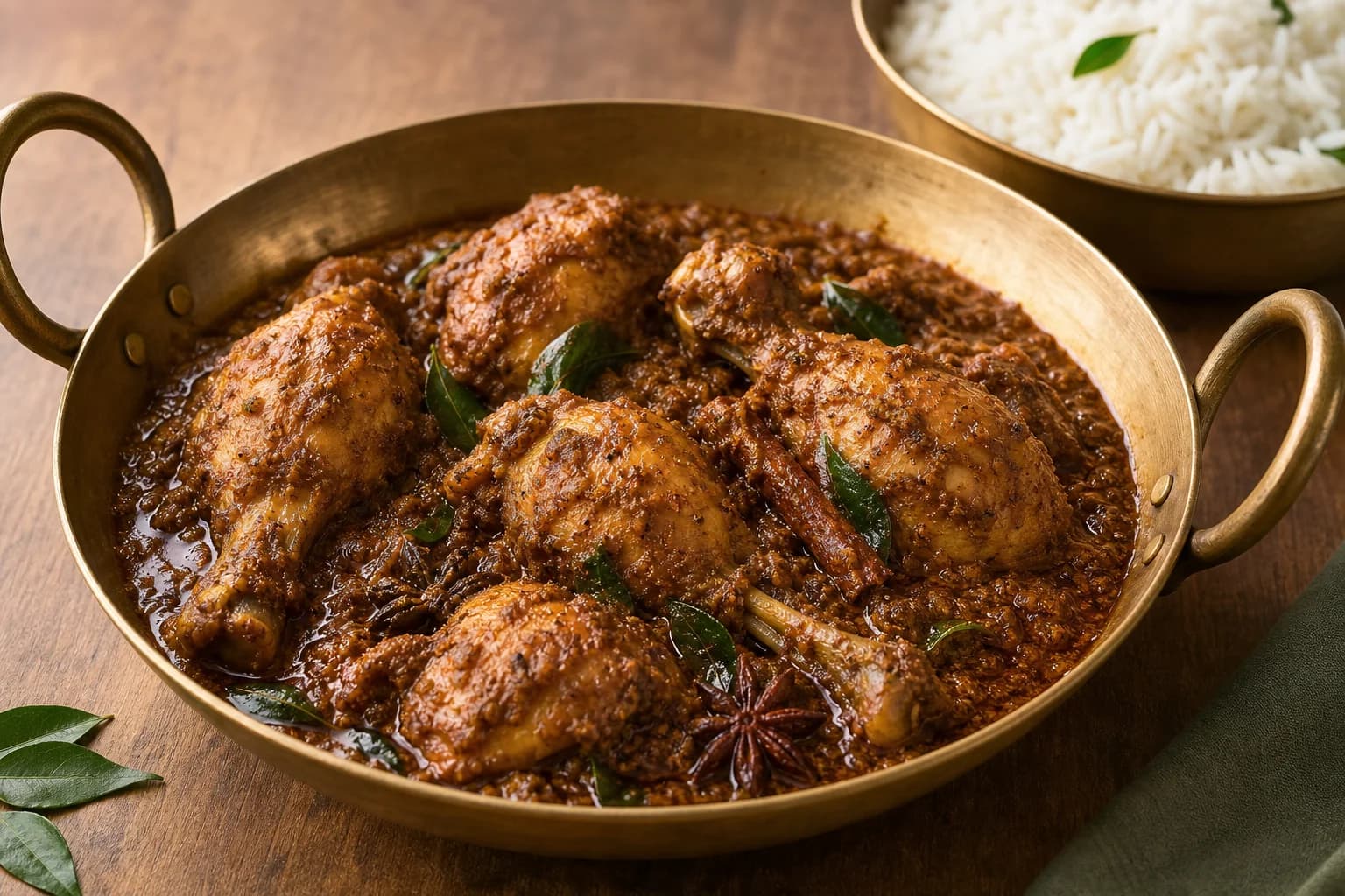 Chicken Chettinad with bone-in chicken in a clinging dark roasted coconut, pepper, fennel, chile, and curry-leaf gravy beside rice.