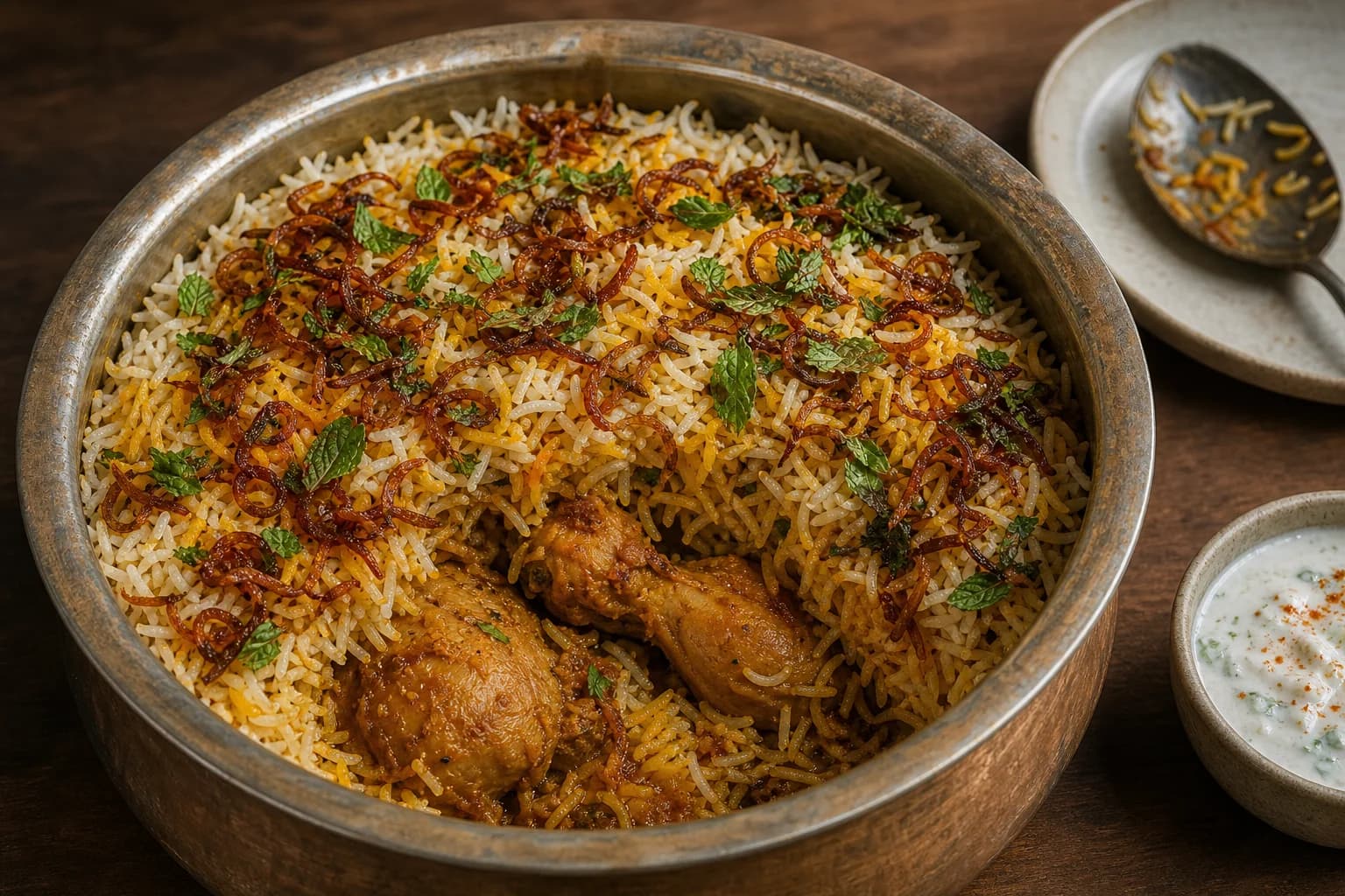 Hyderabadi chicken biryani layered with long-grain rice, chicken, fried onion, mint, and saffron.
