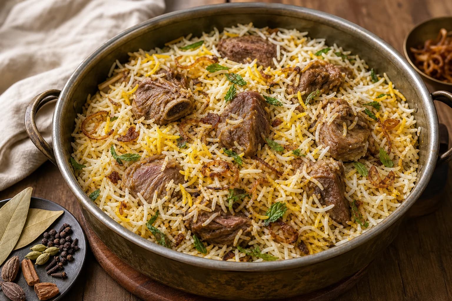 Lucknowi lamb biryani with distinct long basmati grains, tender lamb, saffron, mint, fried onion, and a restrained aromatic yakhni sheen.