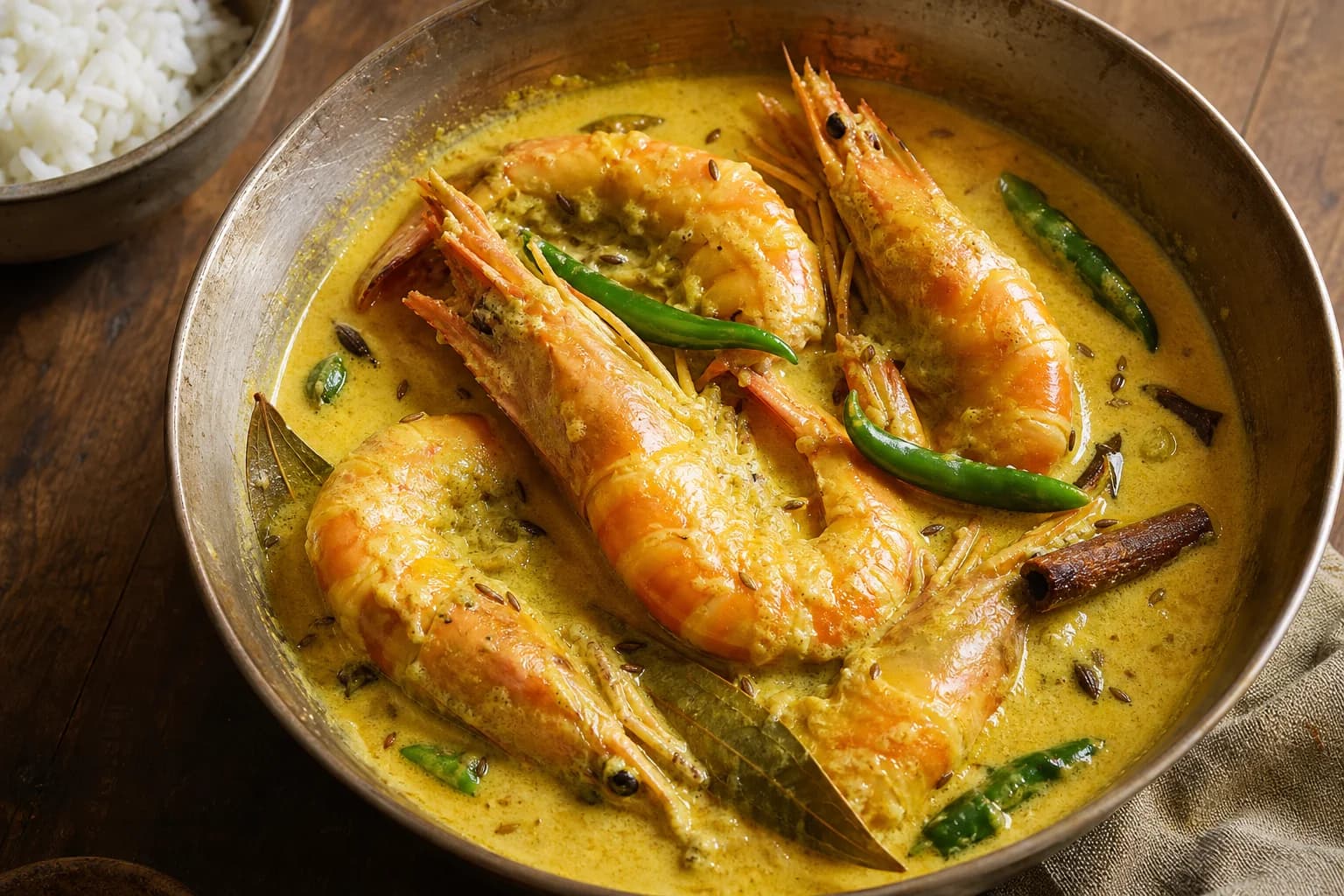 Bengali chingri malaikari with large shell-on prawns in smooth golden coconut, mustard-oil, ginger, chile, and warm-spice gravy beside rice.