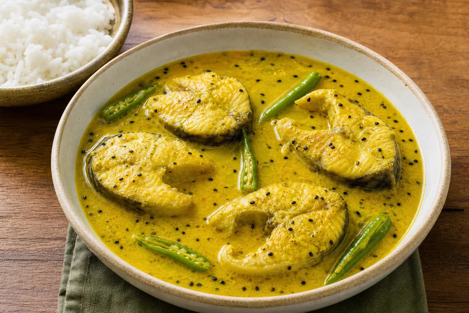 Bengali shorshe maach with intact fish pieces in vivid yellow mustard and nigella sauce, green chiles, and rice.