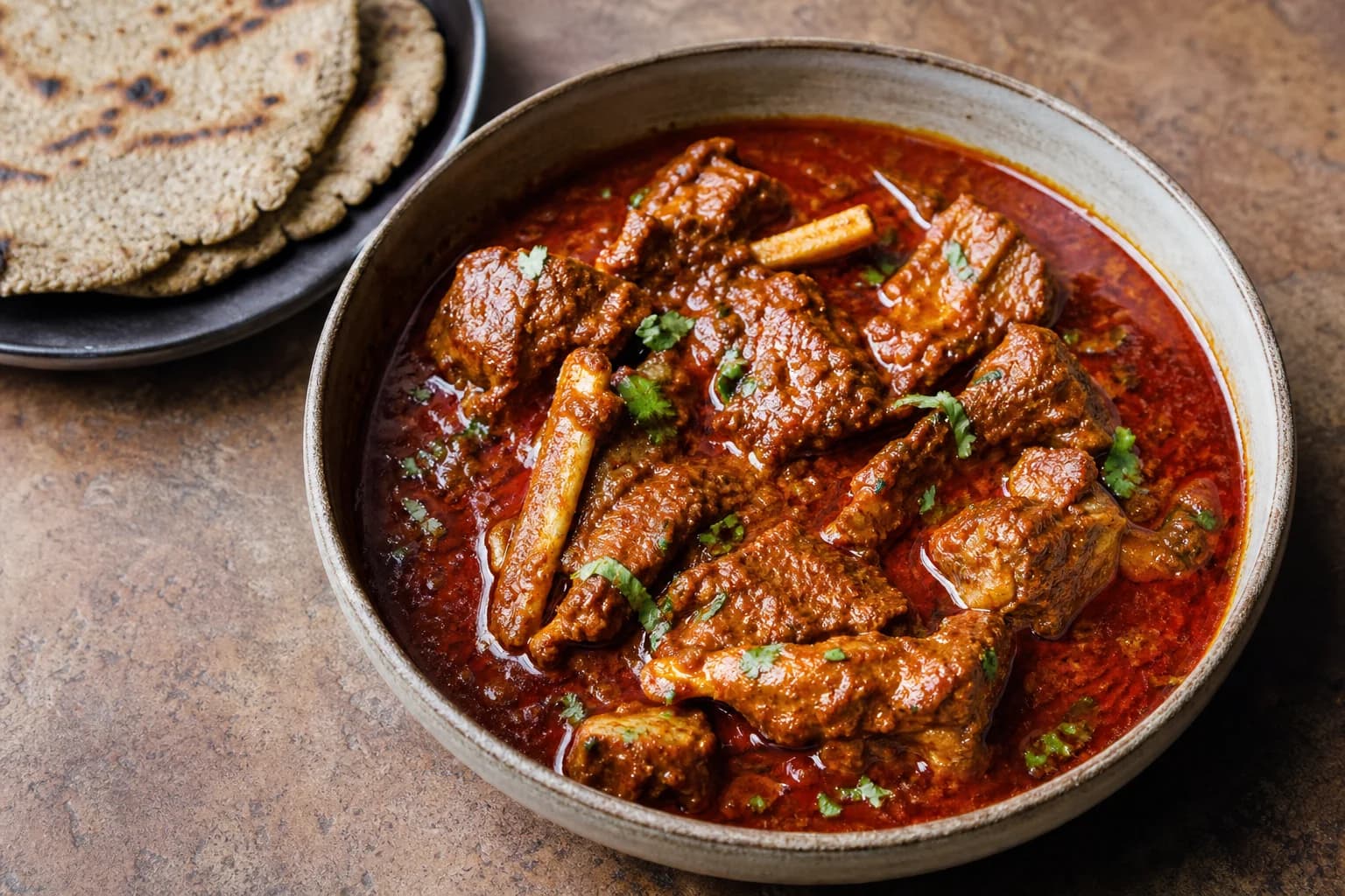 Rajasthani laal maas with bone-in lamb in glossy vivid red chile, garlic, yogurt, and mustard-oil gravy beside bajra roti.