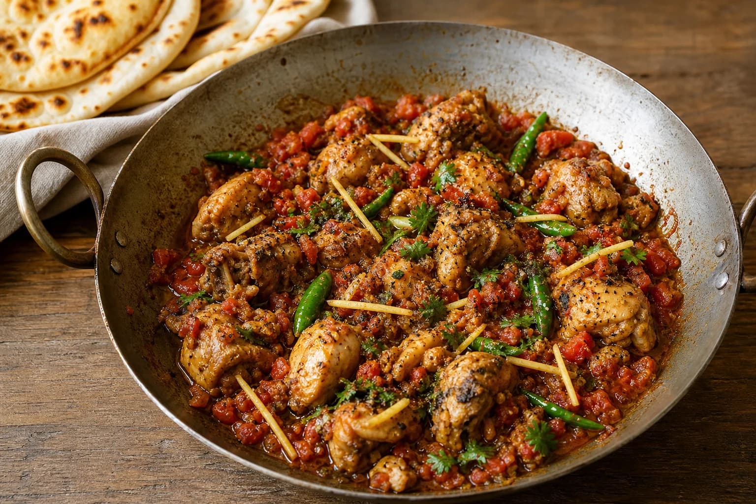 Pakistani chicken karahi with bone-in chicken in clinging reduced tomato, ginger, garlic, green chile, black pepper, and cilantro masala.