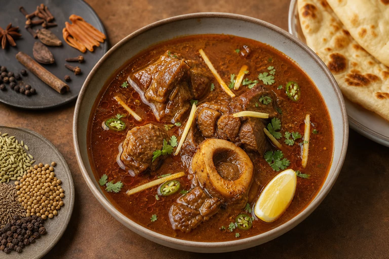 Pakistani beef nihari with spoon-tender shank and marrow in flowing brick-brown fennel-spice broth, topped with ginger, green chile, cilantro, and lemon.