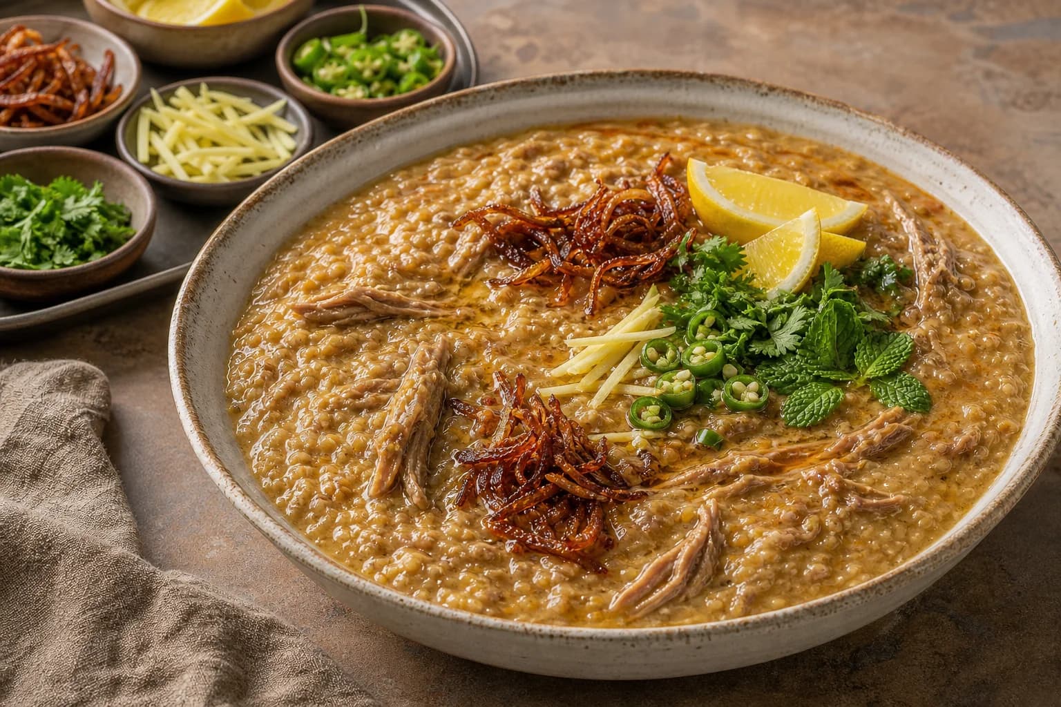 Pakistani haleem with creamy grain-and-dal body visibly laced with long beef fibers, crisp onion, ginger, chile, herbs, lemon, and spiced oil.