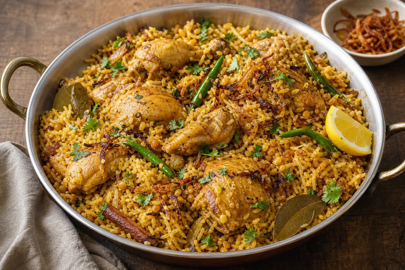 Bangladeshi bhuna khichuri with distinct golden rice and moong dal, tender chicken pieces, green chiles, crisp onion, cilantro, and lemon.
