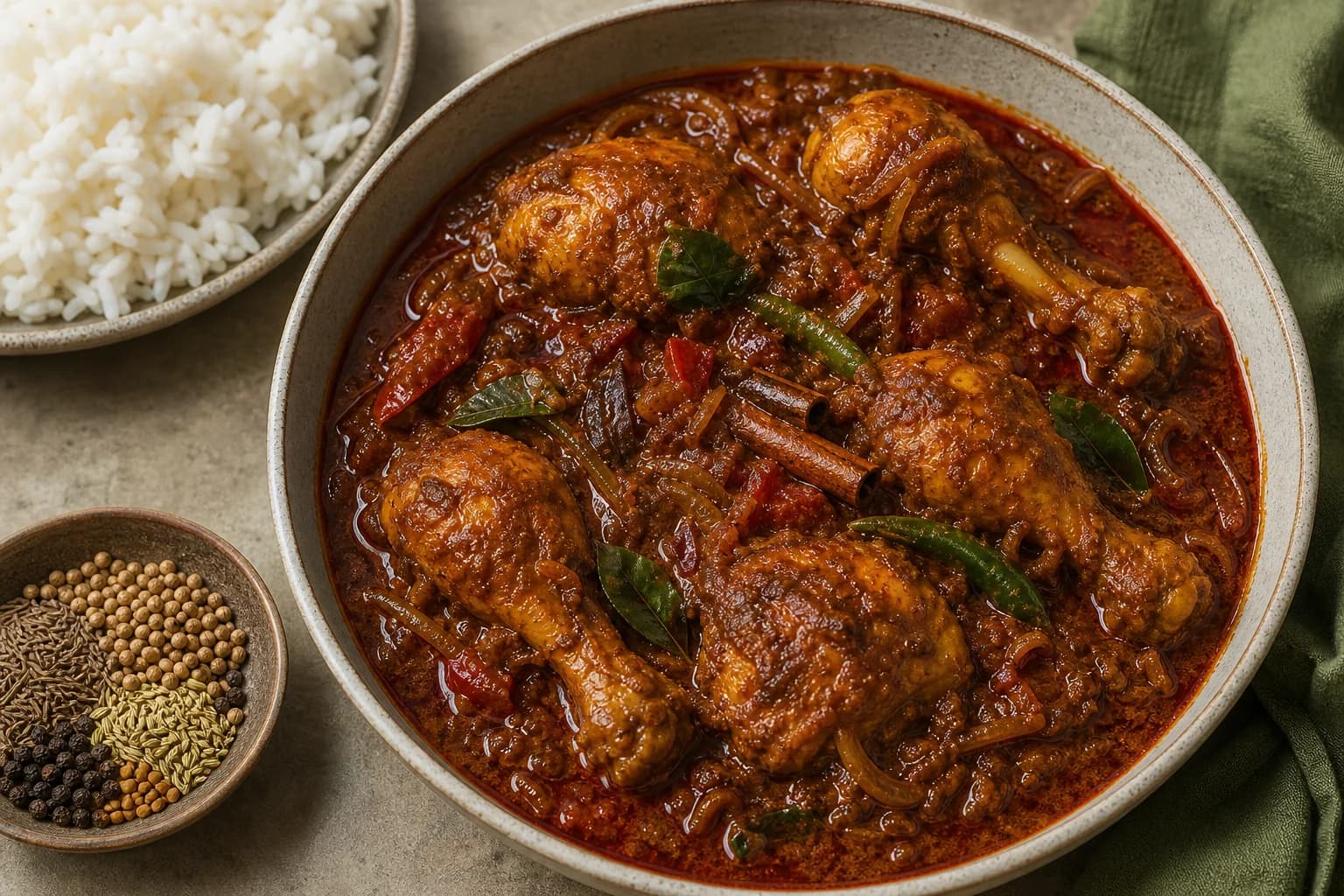 Sri Lankan kirata chicken curry with bone-in chicken in roasted-spice coconut gravy, curry leaves, pandan, Ceylon cinnamon, and red-gold oil beside rice.