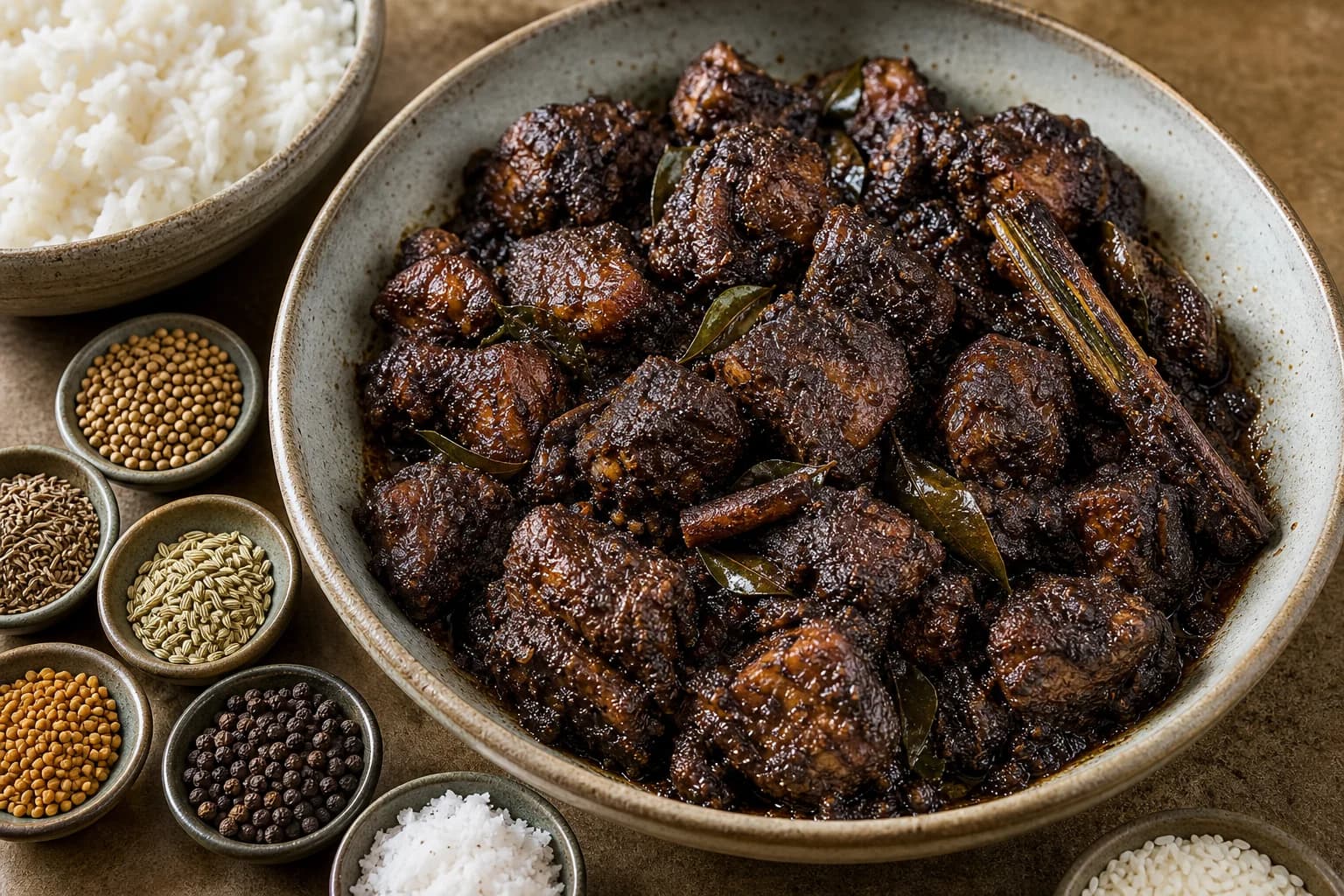 Sri Lankan black pork curry with fork-tender fatty pork in a nearly black clinging roasted-spice, pepper, coconut, and goraka masala beside rice.
