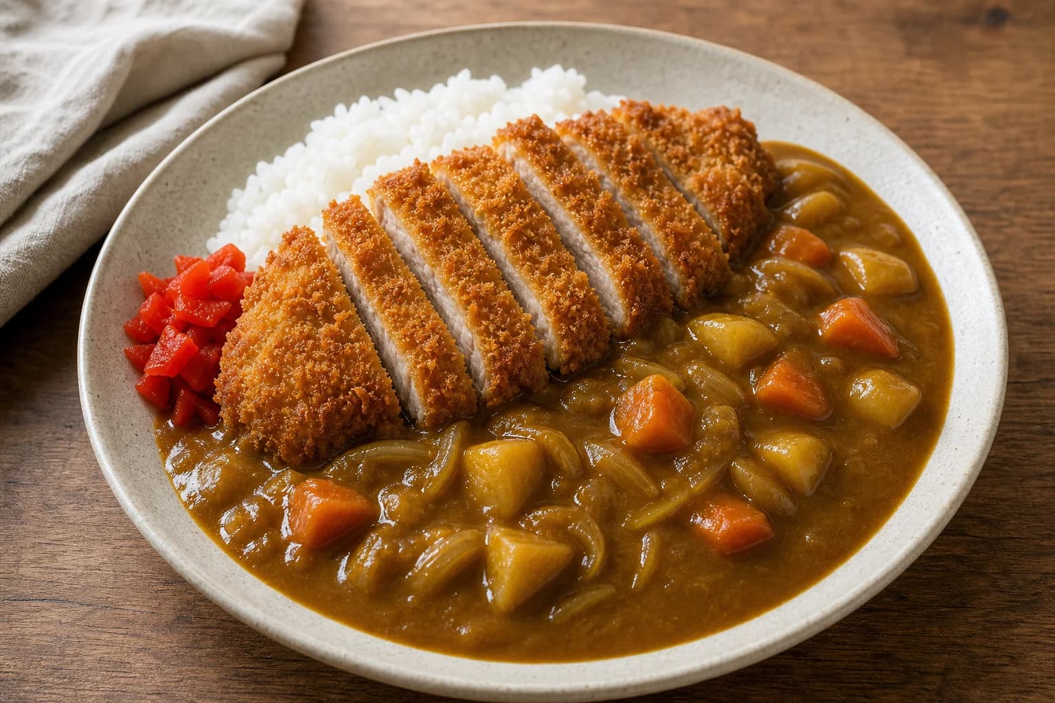 Japanese chicken katsu curry with sliced crisp panko cutlet, mild brown vegetable curry, white rice, and red fukujinzuke.