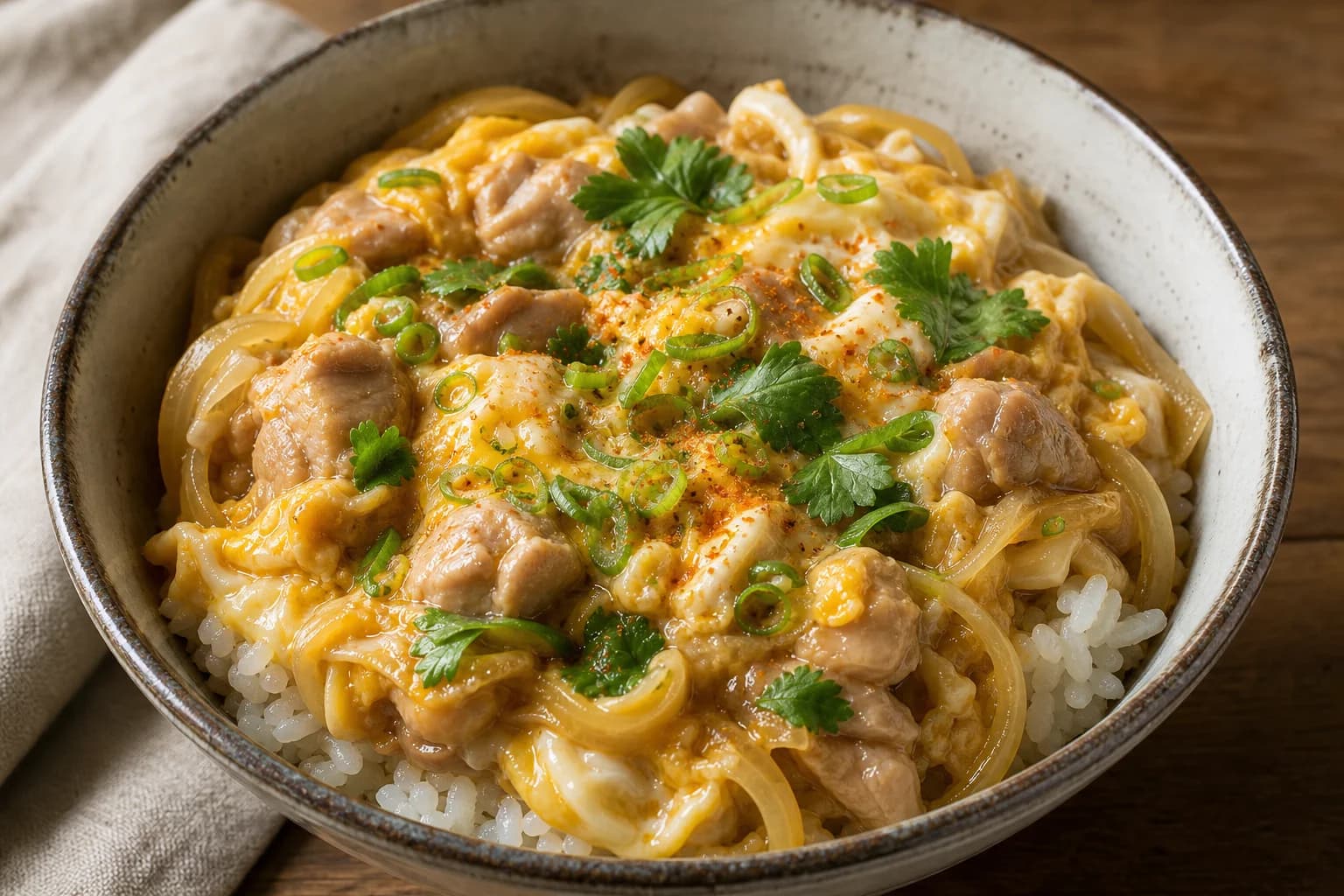 Japanese oyakodon with tender chicken, translucent onion, softly set streaky egg, scallions, and mitsuba over white rice.