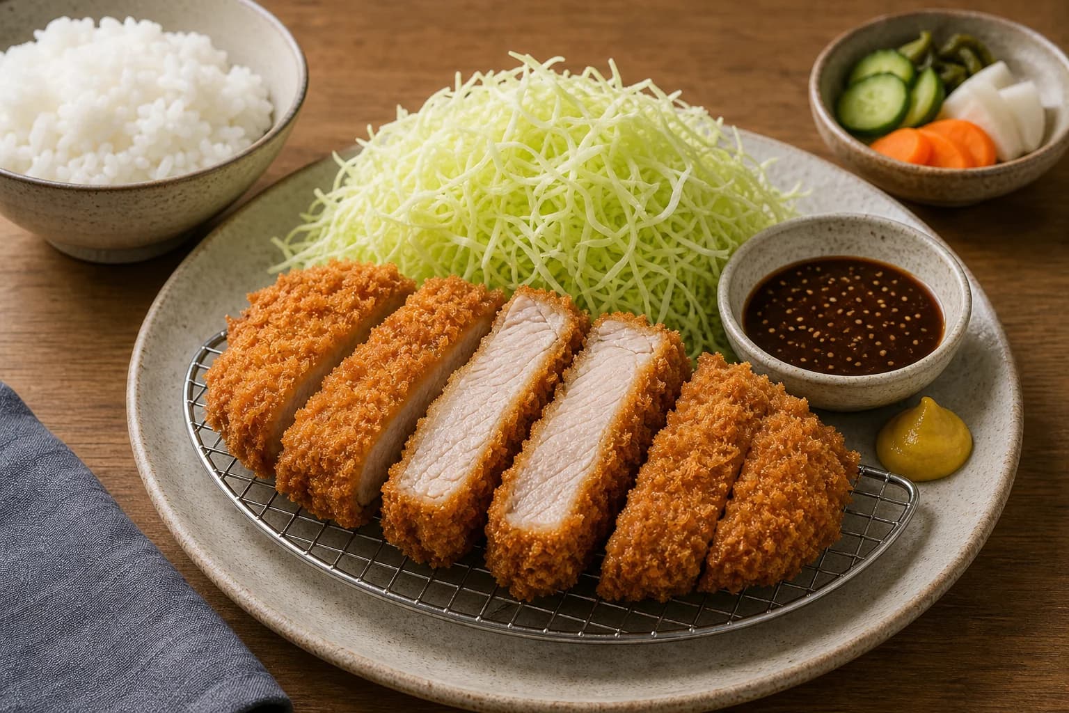 Japanese tonkatsu with sliced juicy pork in airy golden panko, abundant shredded cabbage, sesame tonkatsu sauce, mustard, rice, and pickles.