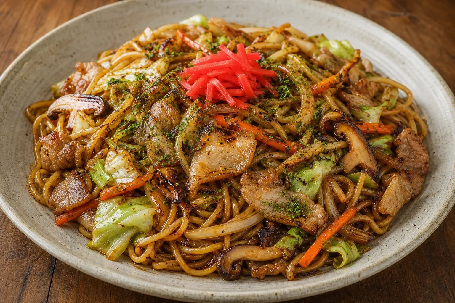 Japanese yakisoba with glossy charred wheat noodles, thin pork, cabbage, onion, carrot, mushrooms, scallions, aonori, and red pickled ginger.