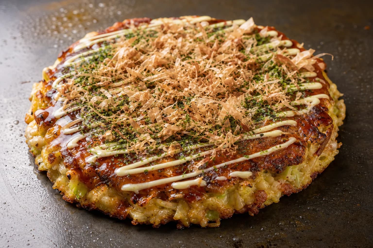 Osaka-style okonomiyaki with crisp golden edges, cabbage-rich center, pork belly, dark sauce, mayonnaise, aonori, and bonito flakes.