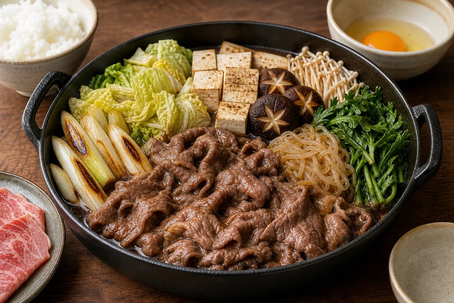 Kanto-style sukiyaki with thin beef, tofu, napa cabbage, negi, shiitake, enoki, greens, and shirataki arranged in sweet-soy broth.