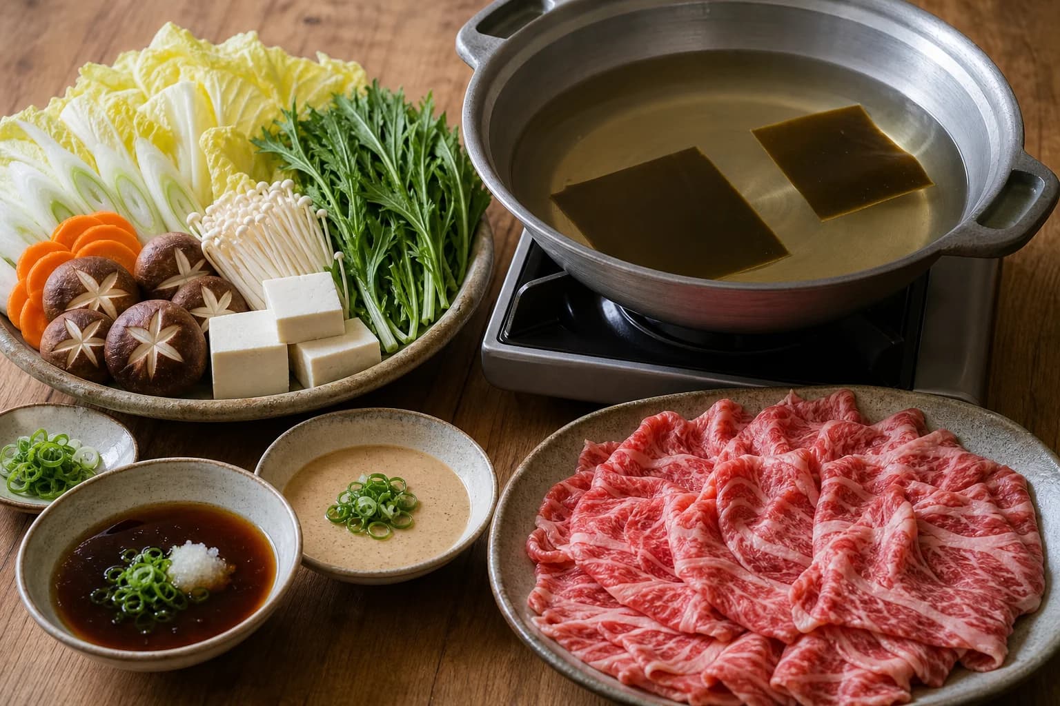 Japanese shabu-shabu with paper-thin beef, napa, negi, tofu, mushrooms, carrots, and greens around clear kombu broth with two dipping sauces.
