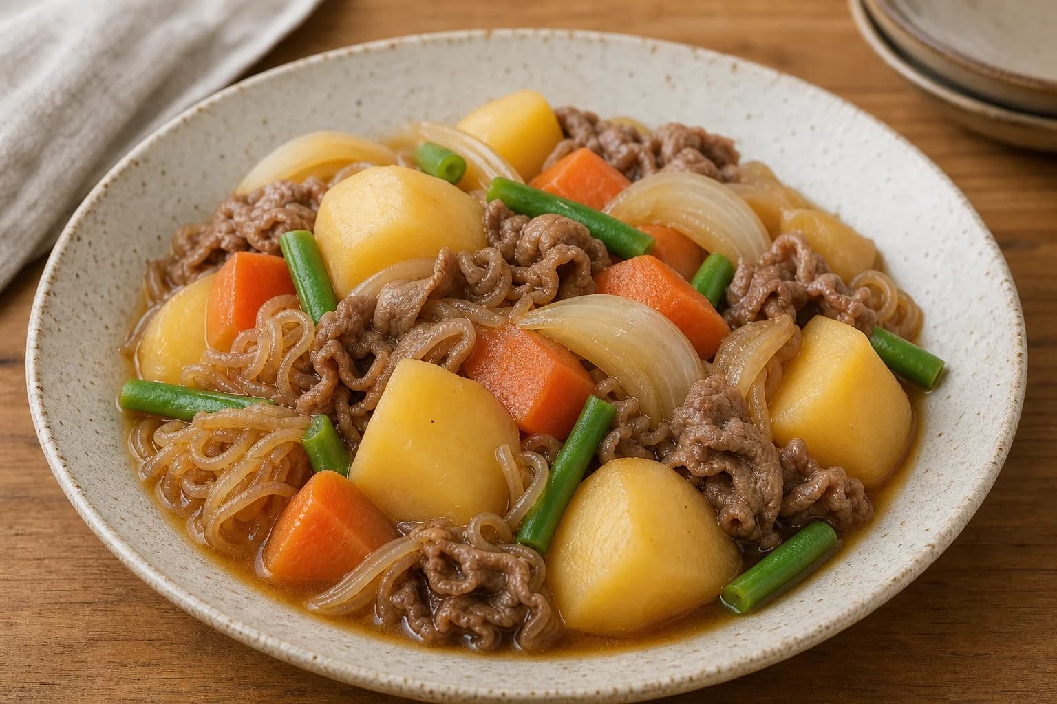 Japanese nikujaga with tender beef, intact potato, carrot, onion, shirataki, and green beans in a modest glossy dashi-soy broth.