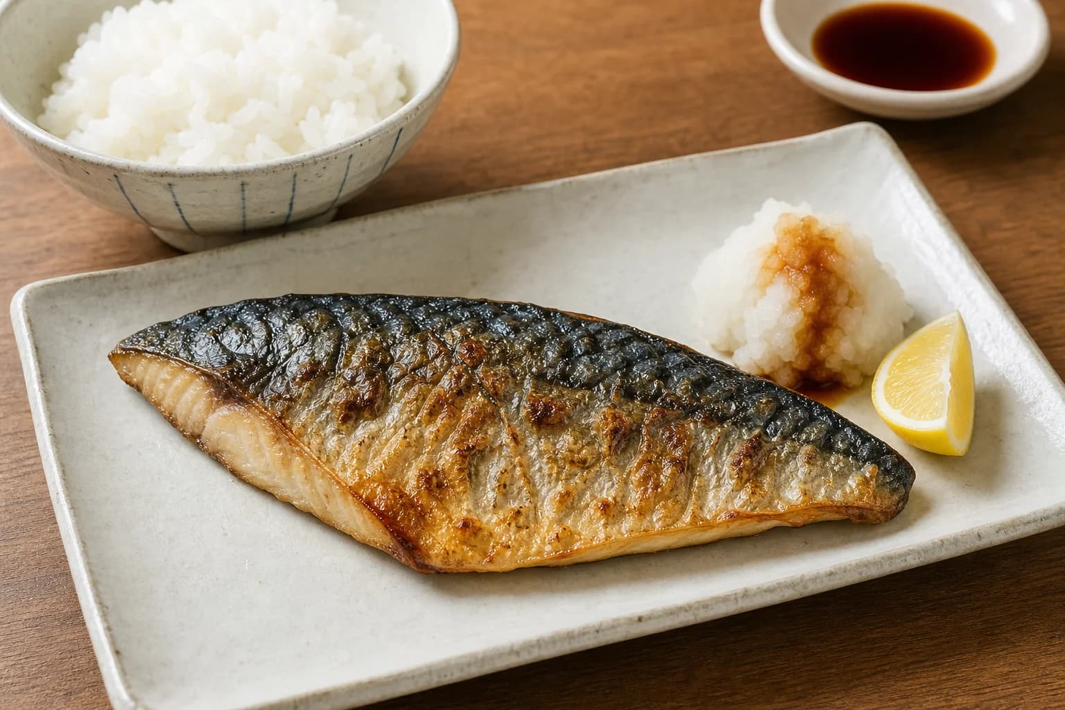 Japanese salt-grilled mackerel with blistered crisp skin, moist flaky flesh, grated daikon, soy, lemon, and rice.