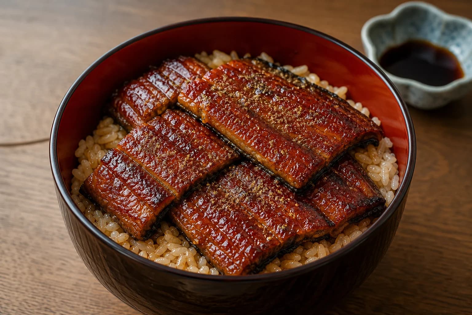 Japanese unadon with glossy broiled kabayaki eel overlapped on white rice, a restrained tare sheen, and a light dusting of sansho.