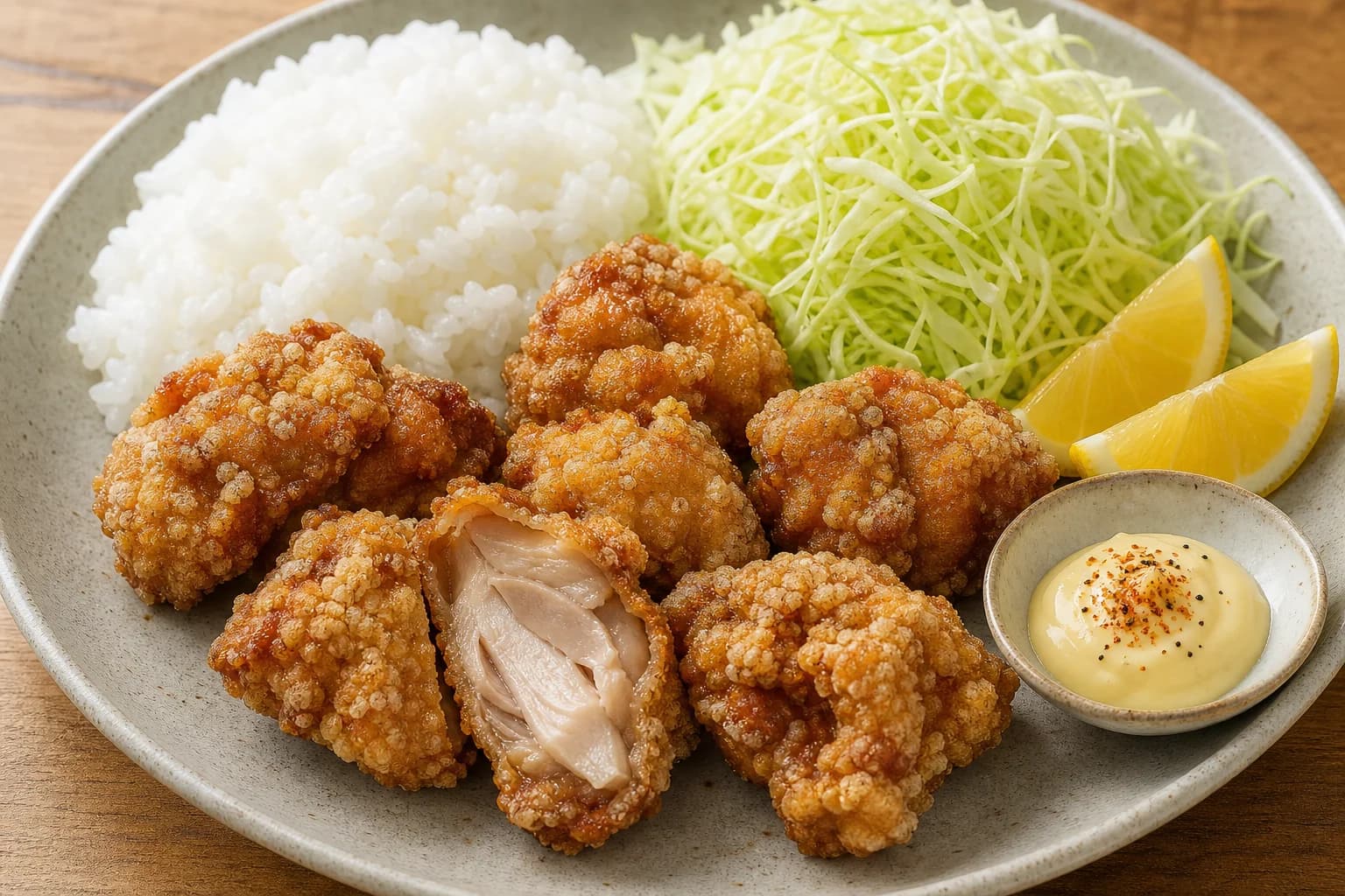 Japanese chicken karaage with deeply crisp craggy pieces, white rice, shredded cabbage, lemon, and shichimi-dusted mayonnaise.