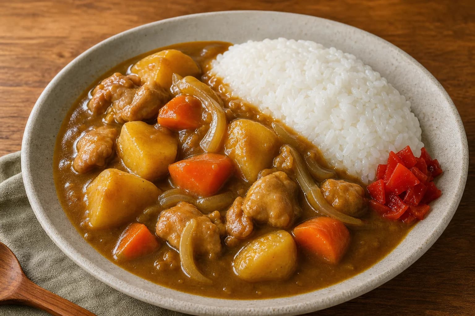 Japanese chicken curry rice with mild glossy brown curry, intact potato and carrot, tender chicken, white rice, and red fukujinzuke.