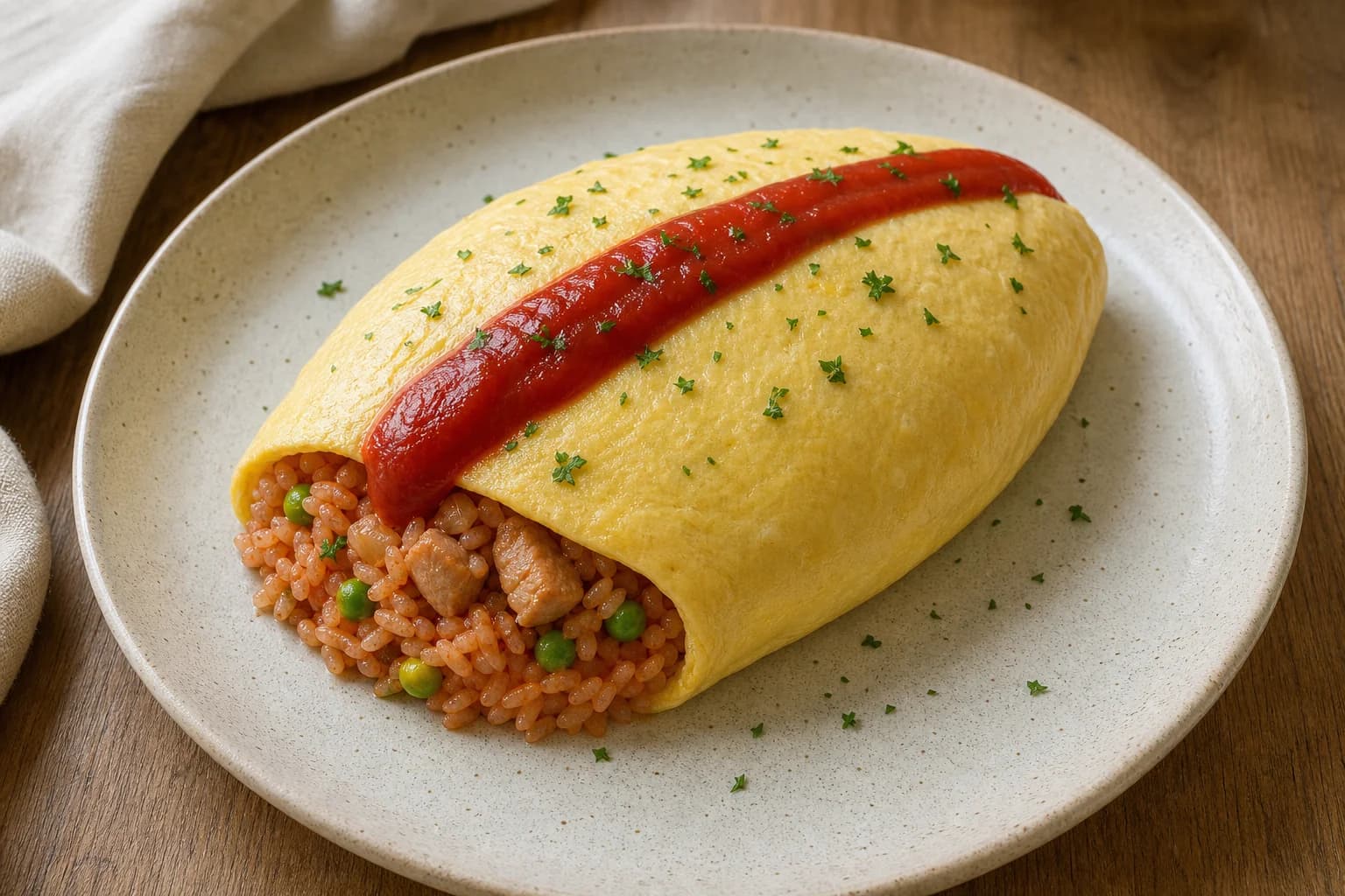 Classic Japanese omurice with a smooth thin yellow omelet wrapped around ketchup chicken rice and finished with a simple ketchup stripe.