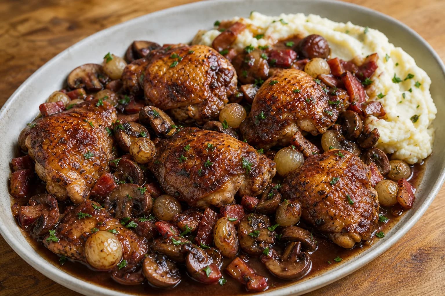 French coq au vin with tender chicken thighs, pearl onions, mushrooms, and bacon in glossy dark red-wine sauce over mashed potatoes.