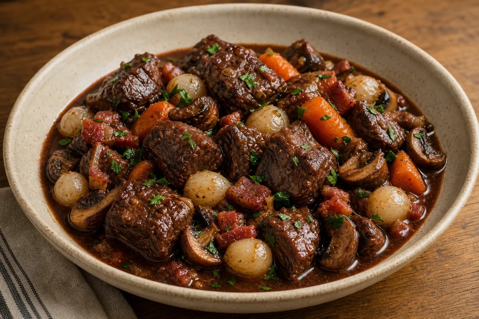 Beef bourguignon with intact fork-tender beef cubes, bacon, carrots, browned mushrooms, and pearl onions in glossy red-wine sauce.