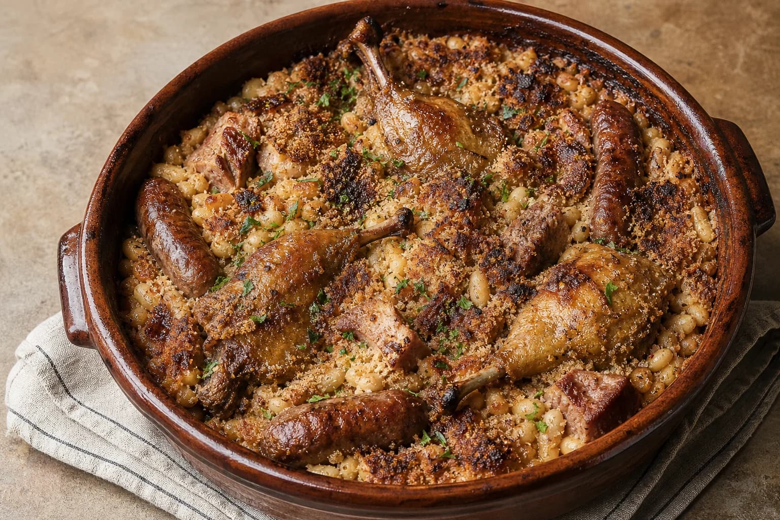 Toulouse-leaning cassoulet with creamy white beans, duck confit, pork, garlic sausage, and a deeply bronzed breadcrumb crust.