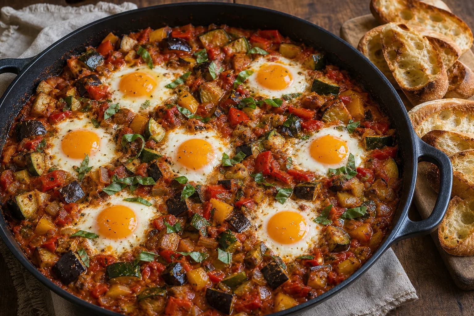 Rustic Provençal ratatouille with distinct eggplant, zucchini, peppers, onion, and tomato beneath six softly baked eggs and basil.