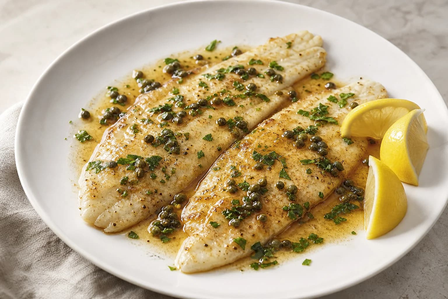 French sole meunière with delicate golden fillets, hazelnut-brown butter, capers, parsley, and lemon wedges.
