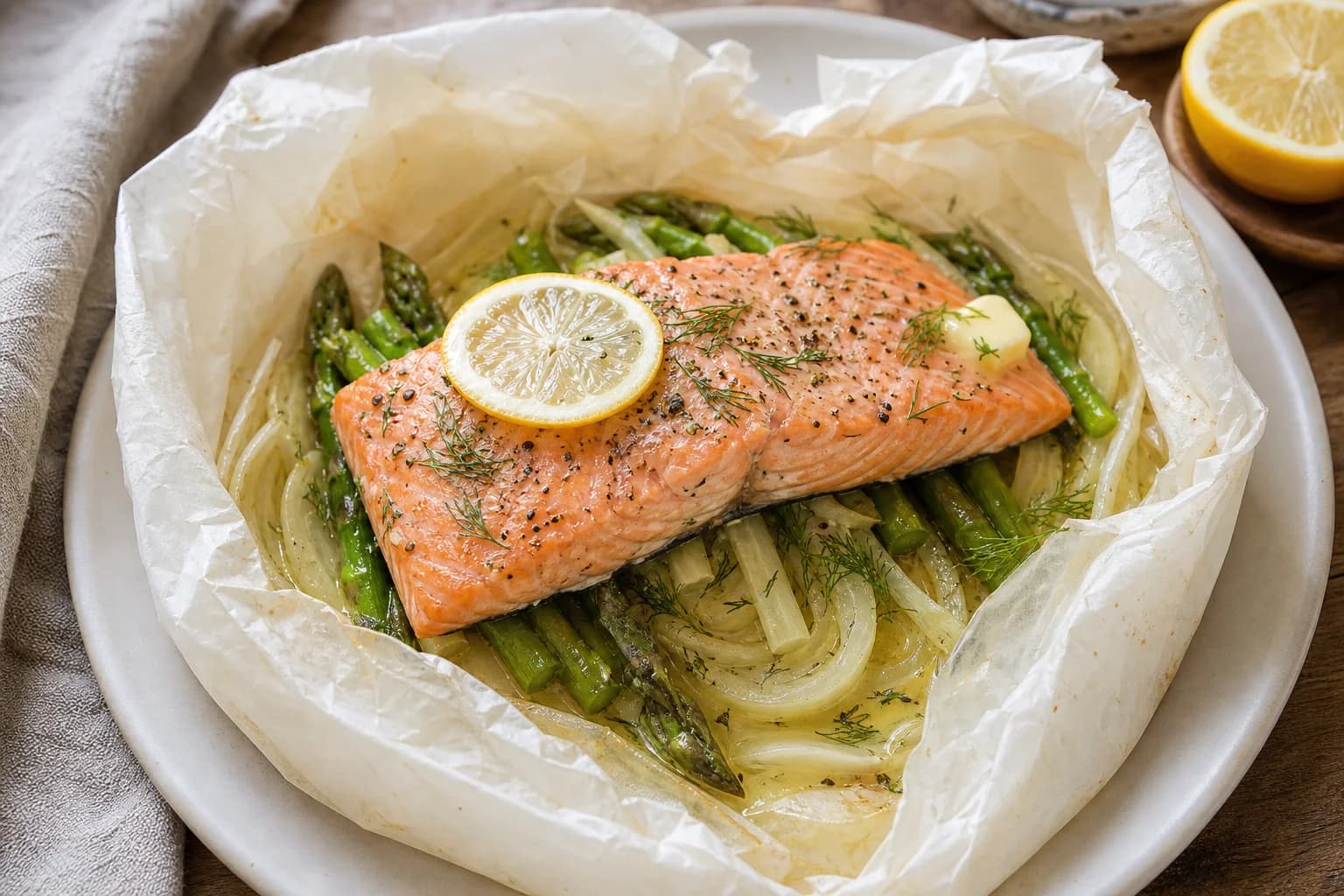 Salmon en papillote opened in parchment with fennel, asparagus, lemon, dill, white wine, and butter around moist salmon.