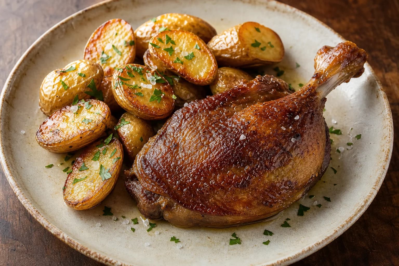 French duck confit with deeply crisp skin and tender leg meat beside duck-fat roasted potatoes and parsley.