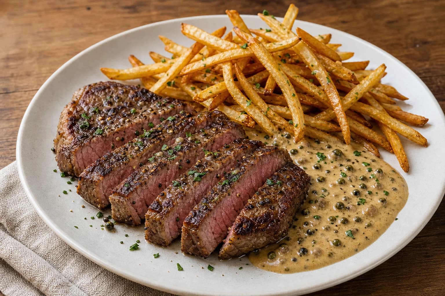 French steak frites with sliced medium steak, crisp thin fries, creamy green-peppercorn cognac sauce, and parsley.