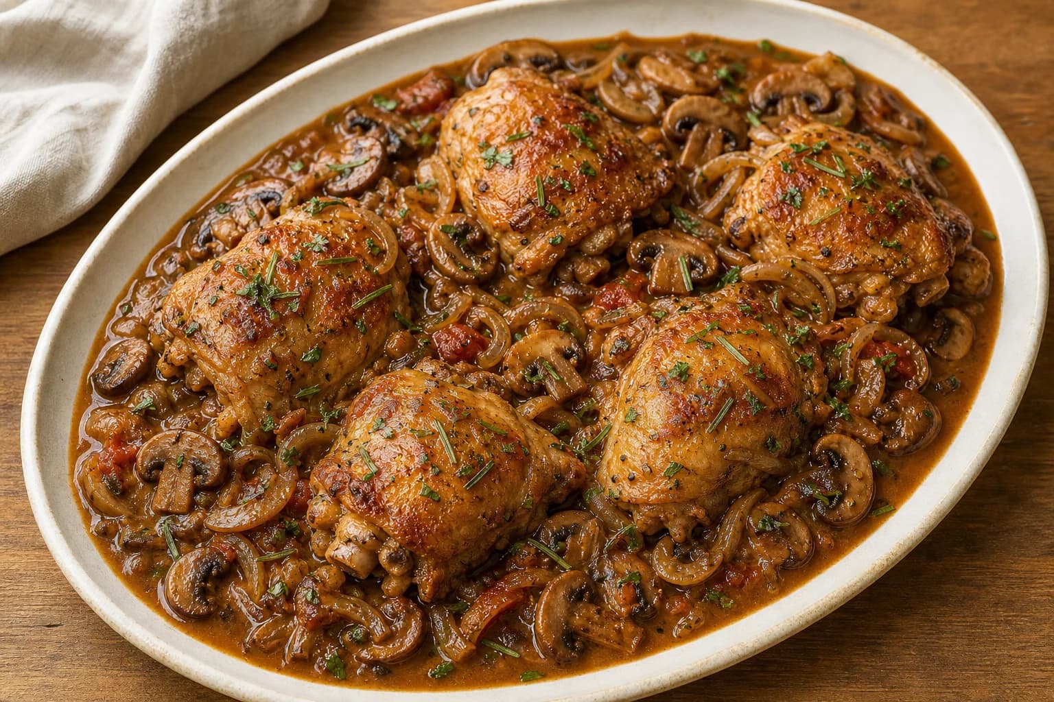 French chicken chasseur with browned thighs, mushrooms, and herbs in glossy tomato, brandy, and white-wine pan sauce.