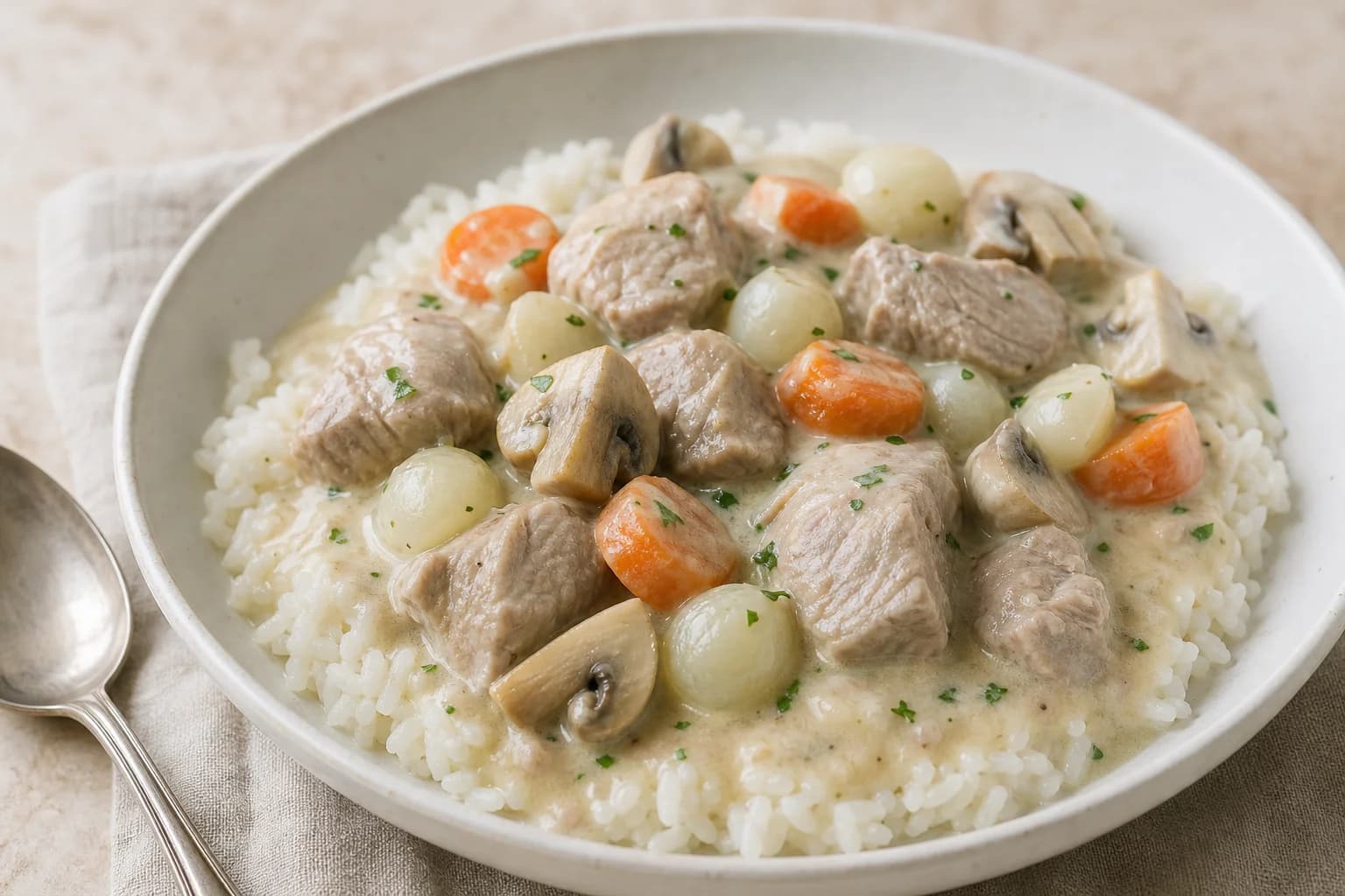 French blanquette de veau with tender pale veal, carrots, mushrooms, and pearl onions in velvety ivory lemon-cream sauce over rice.