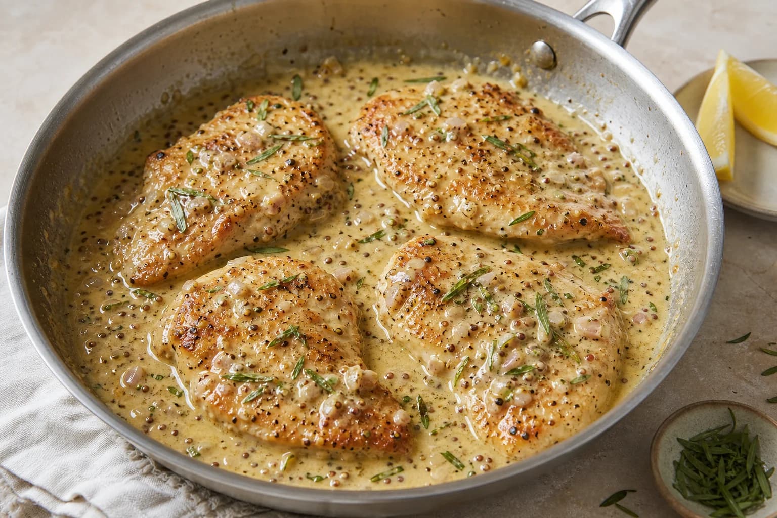 Creamy Dijon chicken cutlets in glossy mustard, white-wine, cream, tarragon, and lemon pan sauce.