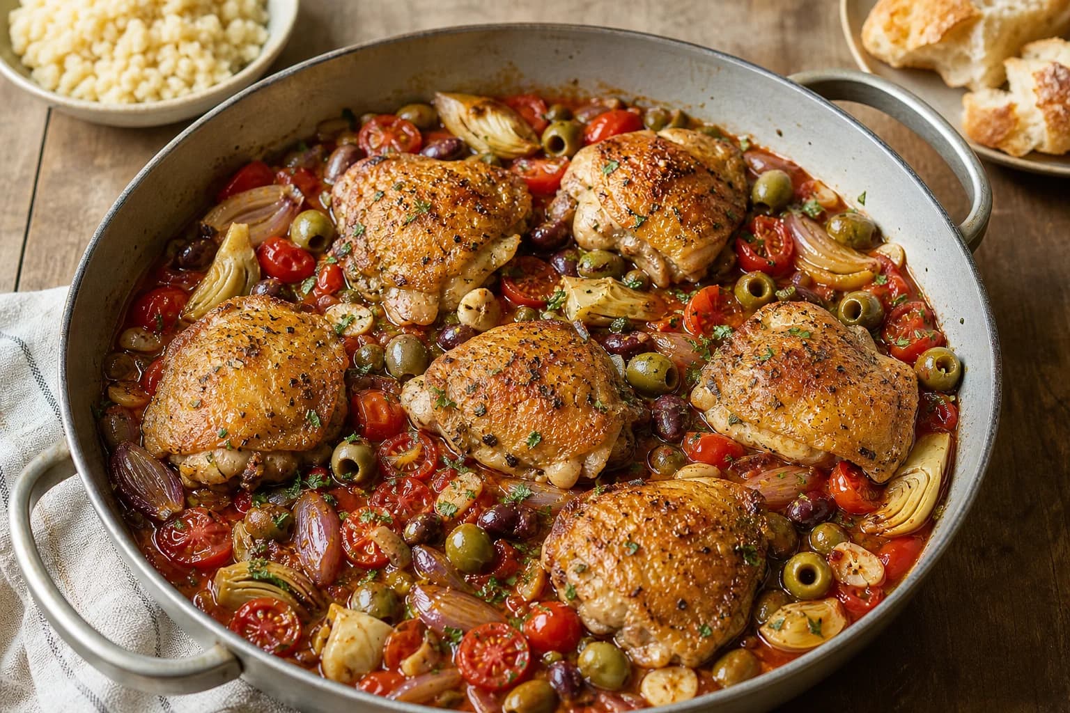 Chicken Provençal with golden thighs, tomato, olives, artichokes, capers, herbs, and orange zest in concentrated wine sauce.