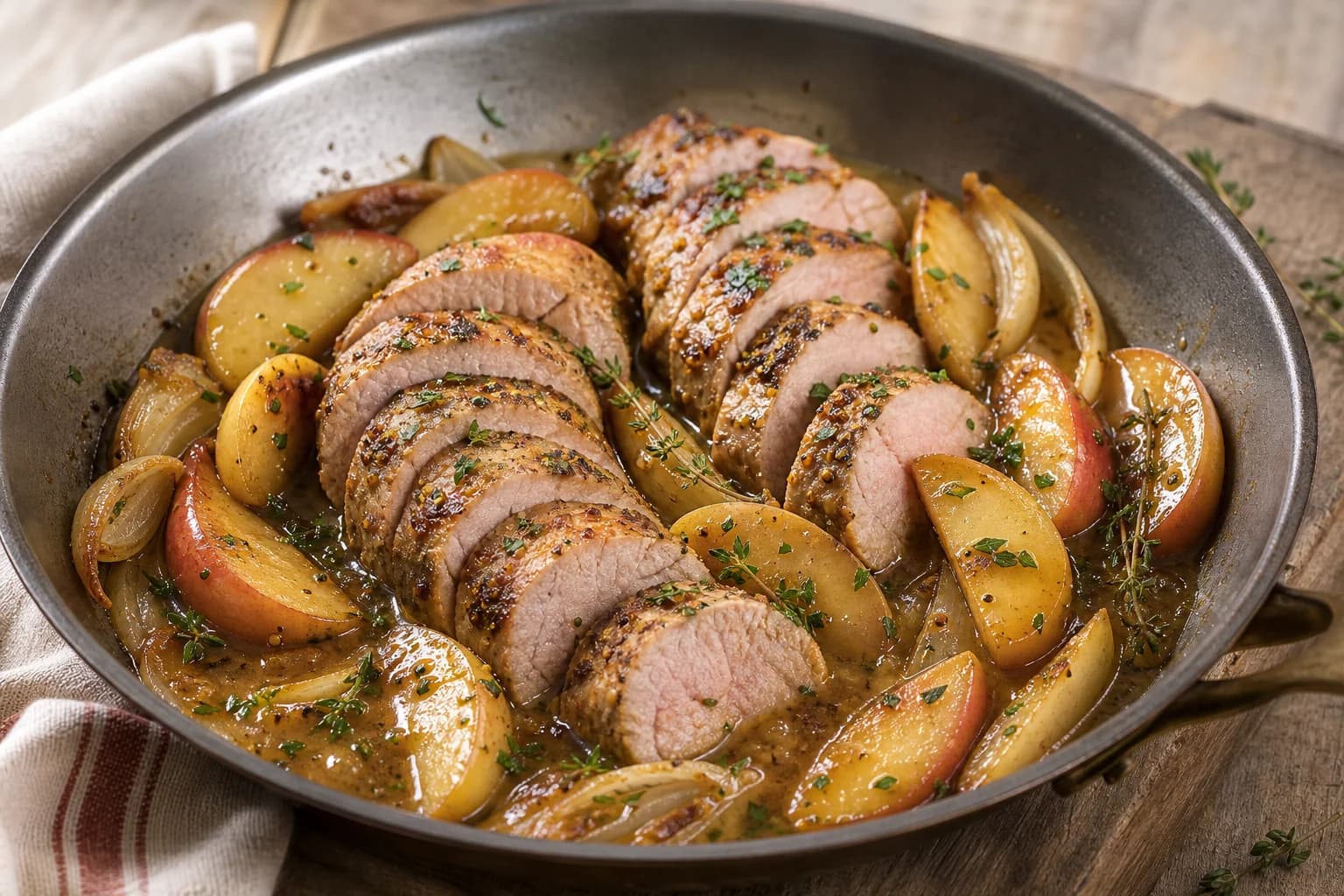 Sliced pork tenderloin with browned apples and onions in glossy cider, Dijon, thyme, and butter pan sauce.