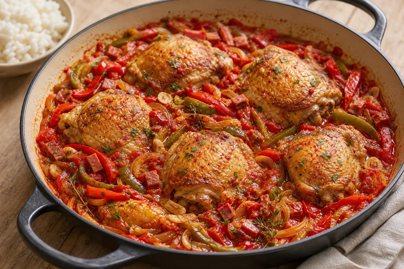Poulet basquaise with browned chicken thighs, red and green peppers, onion, tomato, cured ham, and Espelette chile over rice.
