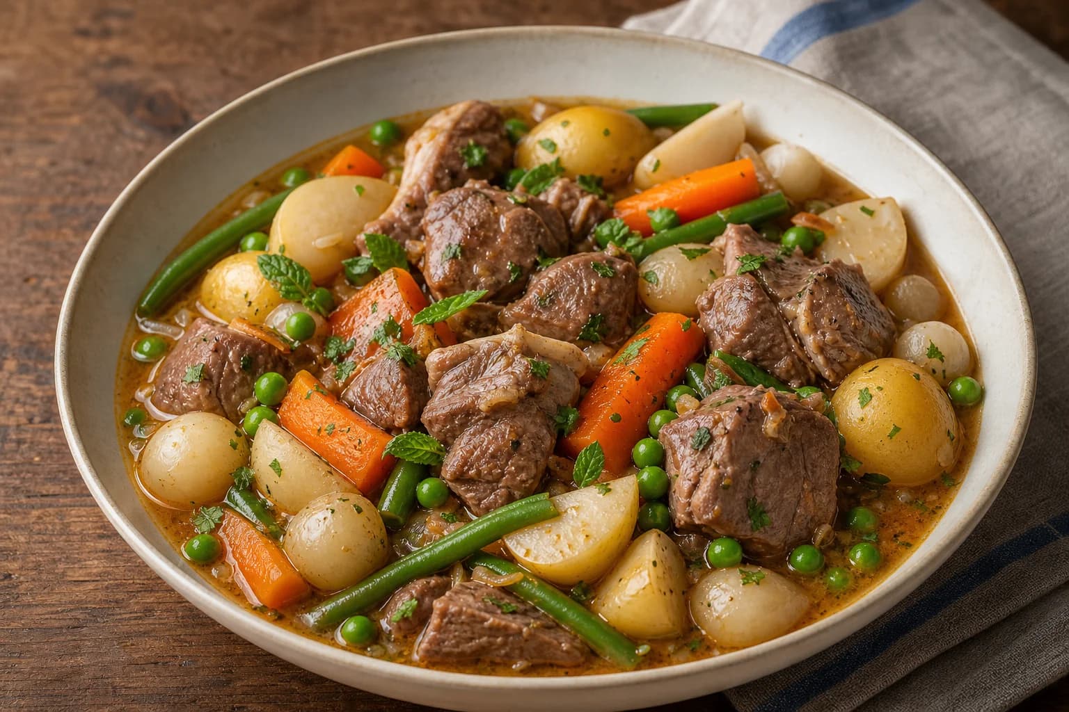 French lamb navarin with tender lamb, turnips, carrots, pearl onions, potatoes, green beans, and peas in light glossy spring gravy.