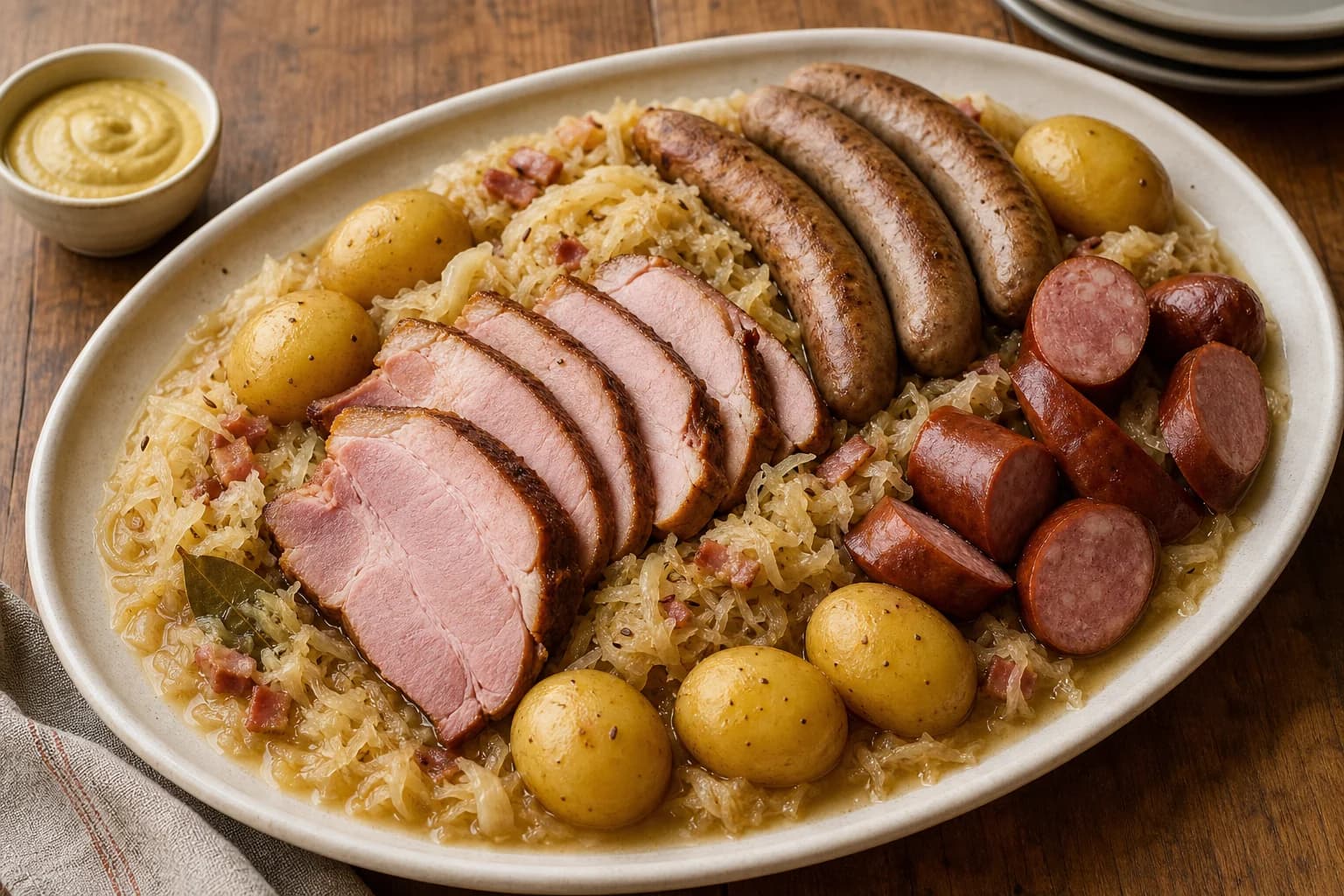 Alsatian choucroute garnie with wine-braised sauerkraut, sliced smoked pork, bratwurst, kielbasa, potatoes, and Dijon mustard.