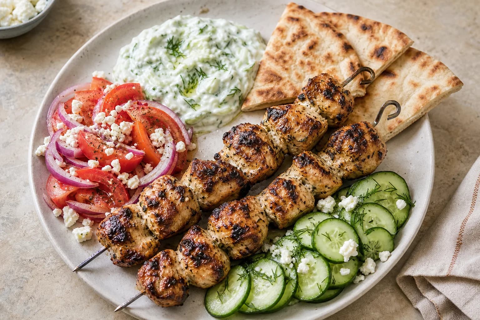 Greek chicken souvlaki plate with charred thigh skewers, tzatziki, warm pita, tomato, red onion, cucumber, and feta.