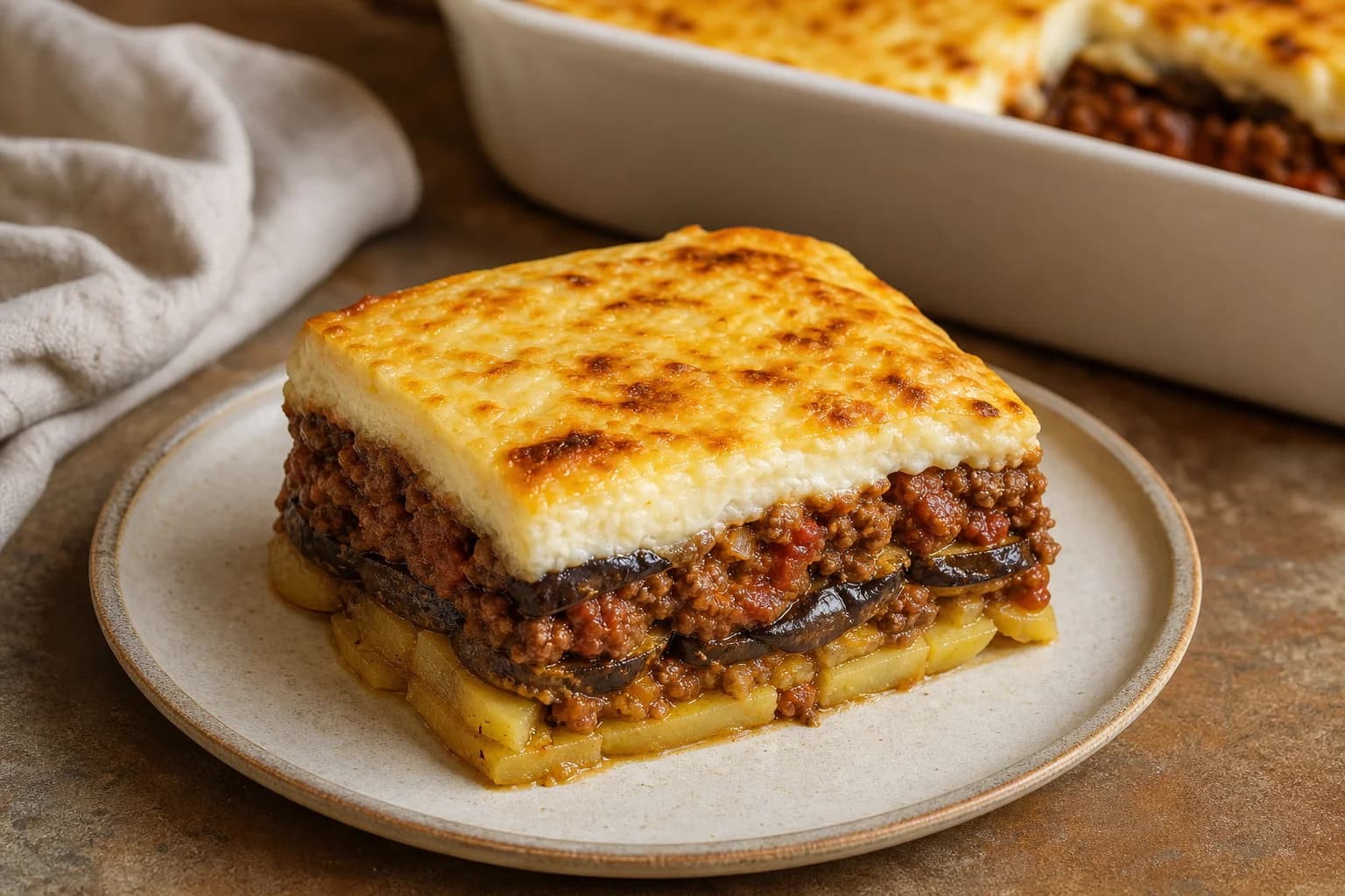 Greek moussaka with distinct potato, roasted eggplant, cinnamon-spiced meat sauce, and a thick deeply golden béchamel top.