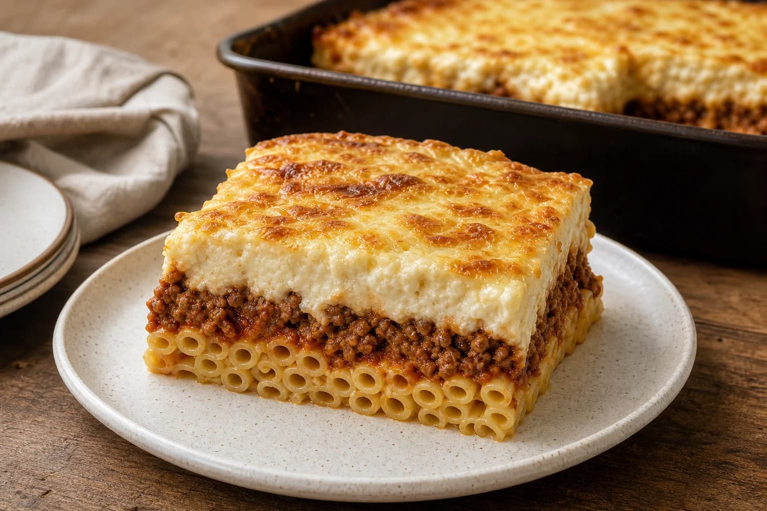 Greek pastitsio with aligned tubular pasta, thick spiced beef sauce, and a tall golden béchamel layer cut into a clean square.